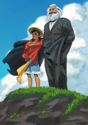  2boys ale_laria beard black_cape black_hair blue_sky business_suit cape capri_pants clouds coat commentary crossed_arms english_commentary facial_hair full_beard grass hat highres holding holding_coat holding_unworn_clothes karl_marx male_focus monkey_d._luffy multiple_boys mustache one_piece pants real_life scar scar_on_face short_hair sky smile straw_hat suit unworn_coat white_beard white_hair 