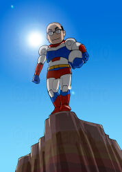  1boy :i akuyaku_reijou_tensei_ojisan armor backlighting balding black_hair blue_armor blue_helmet blue_sky cliff closed_mouth commentary_request cosplay full_body glasses helmet highres holding holding_unworn_helmet inoue_kazuhiko lens_flare looking_at_viewer machine_robo machine_robo_chronos_no_dai_gyakushuu male_focus multicolored_armor multicolored_helmet opaque_glasses outdoors red_armor rom_stol rom_stol_(cosplay) sky solo standing sun tondabayashi_kenzaburou ueyama_michirou unworn_headwear unworn_helmet voice_actor_connection white_armor white_helmet 