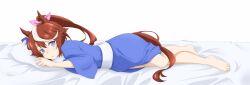  1girl :o animal_ears asagi501 barefoot blue_eyes blue_kimono brown_hair commentary_request dakimakura_(medium) full_body hair_between_eyes hair_ribbon highres horse_ears horse_girl horse_tail japanese_clothes kimono long_sleeves looking_at_viewer lying messy_hair multicolored_hair on_side parted_lips pillow pink_ribbon ponytail purple_hair ribbon sash solo streaked_hair tail tokai_teio_(umamusume) two-tone_hair umamusume white_hair white_sash wide_sleeves yukata 