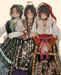  3girls absurdres closed_mouth highres italian_flag italy locked_arms multiple_girls original portugal portuguese_flag spain spanish_flag zoyazoy 