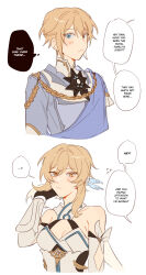 1boy 1girl blonde_hair blue_eyes blue_trim blunt_ends cleavage cleavage_cutout dainsleif_(genshin_impact) dress feather_hair_ornament feathers flower genshin_impact gloves hair_ornament high_collar highres lumine_(genshin_impact) majunjuu partially_fingerless_gloves romper scarf short_hair_with_long_locks two-sided_fabric white_dress white_flower white_romper white_scarf yellow_eyes