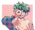  1boy alternate_costume bespectacled blush boku_no_hero_academia border collared_shirt commentary doughnut food freckles glasses green_eyes green_hair hand_up highres holding holding_food korean_commentary long_sleeves looking_at_viewer male_focus midoriya_izuku nimon one_eye_closed open_mouth outside_border pink_background plaid round_eyewear shirt short_hair smile solo upper_body white_border white_shirt 