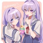  2girls bangs blue_skirt blush clannad closed_mouth eating food fujibayashi_kyou fujibayashi_ryou hair_intakes hair_ribbon hand_up hikarizaka_private_high_school_uniform holding holding_food holding_spoon ice_cream long_hair looking_at_viewer looking_back multiple_girls neck_ribbon pink_eyes purple_hair red_ribbon ribbon sailor_collar school_uniform shiraki_shiro shirt short_sleeves skirt smile spoon violet_eyes white_ribbon white_sailor_collar white_shirt 