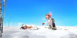  2girls absurdres ahoge bag barefoot black_hair black_skirt blue_archive clear_sky commentary_request day demon_girl demon_horns demon_tail flamethrower gloves hair_between_eyes hair_over_one_eye highres holding holding_bag horns kasumi_(blue_archive) long_hair looking_at_another lying megu_(blue_archive) multiple_girls norio_(norio386) on_side ponytail reaching reaching_towards_another red_gloves red_hair red_shirt shirt sidelocks skirt sky sleeveless snow squatting tail weapon white_gloves white_shirt wristband 