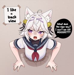  1girl ahoge animal_ear_fluff animal_ears bell blue_sailor_collar blush cat_ears cat_girl english_text filian_(vtuber) hair_bell hair_between_eyes hair_intakes hair_ornament indie_virtual_youtuber moshiedraws neckerchief open_mouth red_neckerchief sailor_collar shirt solo speech_bubble through_wall violet_eyes virtual_youtuber white_hair white_shirt 
