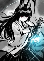  1girl absurdres animal_ears closed_mouth collared_shirt expressionless fingerless_gloves floating_hair gloves highres holding holding_sword holding_weapon hoshimi_miyabi jacket kato_takuji long_hair long_sleeves looking_at_viewer red_eyes sheath shirt skirt solo spot_color sword unsheathing upper_body weapon wide_sleeves zenless_zone_zero 