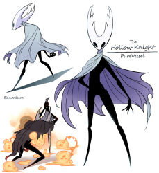  1other bano_akira black_eyes black_skin cloak colored_skin commentary_request grey_cloak hollow_eyes hollow_knight hollow_knight_(character) horned_mask looking_at_viewer mask multiple_views pure_vessel simple_background standing white_background white_cloak white_mask 