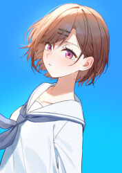  1girl blue_neckerchief brown_hair collarbone commentary_request dutch_angle hair_ornament hairclip highres higuchi_madoka idolmaster idolmaster_shiny_colors looking_at_viewer mole mole_under_eye neckerchief parallel_hairclips red_eyes school_uniform serafuku shirt short_hair solo upper_body white_shirt yumeme_818 