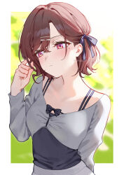  1girl arm_behind_back averting_eyes black_ribbon blush border brown_hair commentary_request hair_ornament hair_ribbon hairclip highres higuchi_madoka idolmaster idolmaster_shiny_colors long_sleeves mole mole_under_eye parallel_hairclips red_eyes ribbon solo twirling_hair twitter_username upper_body white_border yumeme_818 