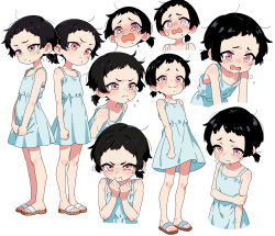  1girl absurdres black_hair blue_dress commentary crying dress english_commentary highres leims_(urje8584) mole mole_under_mouth multiple_views original pink_eyes revision sandals short_hair simple_background sundress tearing_up tears white_background 