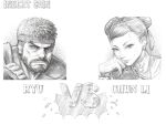  1boy 1girl bandana beard bracelet brown_eyes brown_hair chest_cutout china_dress chinese_clothes chun-li double_bun dress earrings eyelashes facial_hair fighting_game fighting_stance greyscale hair_bun hair_pulled_back jewelry kuroneco monochrome muscular muscular_male ryu_(street_fighter) street_fighter street_fighter_6 street_fighter_ii_(series) thick_eyebrows vs 