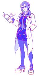  1girl blue-tinted_eyewear blue_dress blue_eyes blue_hair blue_nails blue_necktie blue_shoes coat collared_dress commentary dress full_body glasses hair_rings hand_in_pocket high_heels highres lab_coat lipstick long_hair long_sleeves mable_(pokemon) makeup necktie open_clothes open_coat pantyhose parted_lips pokemon pokemon_legends:_z-a red_lips rotom rotom_phone safety_glasses shoes simple_background solo standing tablet_pc teirotmate tinted_eyewear untranslatable_commentary white_background white_coat 