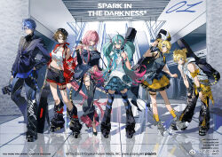  2boys 4girls :p ahoge aqua_eyes aqua_hair bandana_around_arm bare_shoulders bass_clef black_jacket black_pants blonde_hair bracelet breasts brother_and_sister chinese_commentary clothing_cutout commentary_request copyright_logo copyright_notice criss-cross_strings cross-laced_clothes cross-laced_cutout escalator frilled_skirt frills gradient_hair hair_between_eyes hair_intakes hair_ornament hairband hairclip hand_in_pocket hand_on_own_hip hand_up hands_on_own_knees hatsune_miku hood hoodie instrument_case instrument_case_on_back jacket jewelry kagamine_len kagamine_rin kaito_(vocaloid) large_breasts leaning_forward leg_warmers logo long_hair megurine_luka meiko_(vocaloid) midriff miniskirt multicolored_hair multiple_boys multiple_girls multiple_necklaces navel neckerchief necklace number_tattoo off-shoulder_jacket off_shoulder official_alternate_costume official_art pants parallel_hairclips ponytail punk shirt short_hair short_ponytail siblings skirt small_breasts spiked_boots spiked_bracelet spikes standing strapless striped_clothes striped_thighhighs tattoo thigh-highs thigh_cutout thigh_strap tongue tongue_out treble_clef tube_top twintails very_long_hair vocaloid watermark weibo_username weibo_watermark white_hoodie white_shirt white_tube_top z3zz4 zettai_ryouiki 