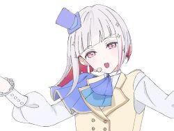  1girl ascot asymmetrical_hair blue_ascot blue_capelet blue_hat buttons capelet colored_inner_hair commentary_request diagonal_bangs double-breasted hair_ornament hana_sakeba_yume_kakeru hat headset highres jacket long_sleeves looking_at_viewer love_live! love_live!_hasu_no_sora_jogakuin_school_idol_club love_live!_hasu_no_sora_jogakuin_school_idol_club_bloom_garden_party medium_hair multicolored_hair open_mouth pink_eyes red_hair shirt side_cape simple_background sleeveless sleeveless_jacket solo star_(symbol) star_hair_ornament teeth tikuwa_l tilted_headwear upper_teeth_only white_background white_shirt yellow_jacket yugiri_tsuzuri 