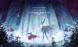  1girl 1other arthropod_girl black_eyes black_skin cloak colored_skin commentary english_commentary english_text full_body grey_cloak highres hollow_eyes hollow_knight hollow_knight:_silksong hollow_knight_(character) horned_mask hornet_(hollow_knight) horns looking_at_another looking_up mask na_chloridee outstretched_arm red_cloak siblings standing white_mask 