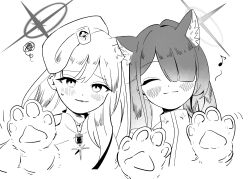  2girls absurdres beret blonde_student_council_president_(blue_archive) blue_archive blush commentary general_student_council_president_(blue_archive) greyscale hair_over_one_eye halo hat highres kaneda_ichi_(kusamoeta) long_hair medal monochrome multiple_girls tagme 