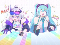  2girls @_@ absurdres aqua_hair aqua_necktie bare_shoulders blue_eyes blue_nails commentary_request crop_top cropped_jacket detached_sleeves eyewear_on_head grey_hair hatsune_miku headset highres honkai:_star_rail honkai_(series) infinity_gauntlet kcmc_story long_hair motion_blur multiple_girls necktie panicking piano_keys playing_games ponytail shirt silver_wolf_(honkai:_star_rail) silver_wolf_(lv.999)_(honkai:_star_rail) sleeveless sleeveless_shirt smile twintails very_long_hair vocaloid 