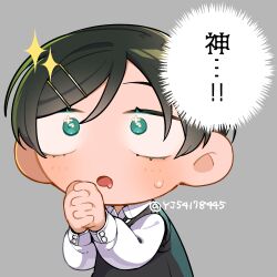  1girl chibi chibi_only collared_shirt commentary_request futsuu_no_keion-bu green_eyes green_hair grey_background hair_ornament hairpin kouyama_rin large_ears pixie_cut rra_(yj) school_uniform shirt short_hair solo sparkle speech_bubble sweater_vest thought_bubble twitter_username vest 