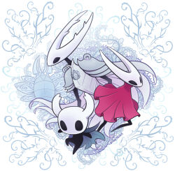  1girl 2others armor bano_akira black_skin cape cloak colored_skin flower grey_cloak hollow_eyes hollow_knight hollow_knight_(character) horned_mask hornet_(hollow_knight) knight_(hollow_knight) mask multiple_others plant pure_vessel red_cloak thorns vines white_armor white_cape white_flower white_mask 