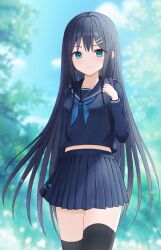  1girl aqua_eyes arm_at_side black_hair black_thighhighs blue_neckerchief blue_sailor_collar blue_serafuku blue_shirt blue_skirt blurry blurry_background closed_mouth commentary_request cowboy_shot crop_top cropped_shirt day depth_of_field hair_ornament hairclip hand_up highres iris37337 long_hair long_sleeves looking_at_viewer midriff miniskirt navel neckerchief original outdoors parallel_hairclips pleated_skirt sailor_collar school_uniform serafuku shirt skirt solo straight_hair thigh-highs very_long_hair 
