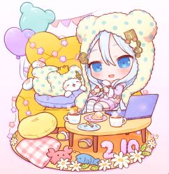  1girl :d blue_eyes blue_hair blush cake cake_slice chibi chibi_only commentary_request computer couch crab cup dated double-parted_bangs fish flower food full_body grey_thighhighs hair_between_eyes hair_ornament highres hood hood_down hoodie laptop long_hair long_sleeves mug musical_note musical_note_hair_ornament open_mouth over-kneehighs oyasumirakko pillow project_sekai simple_background sitting smile solo striped_clothes striped_thighhighs thick_eyebrows thigh-highs treble_clef white_hoodie yoisaki_kanade 
