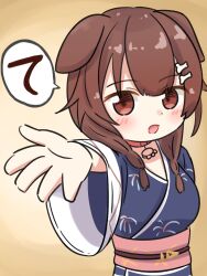  1girl alternate_costume animal_ears blue_kimono brown_eyes brown_hair collar dog_ears dog_girl highres hololive inugami_korone japanese_clothes kimono looking_at_viewer low_twintails medium_hair morotade_kudou open_mouth red_collar solo twintails virtual_youtuber yukata 