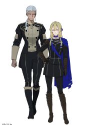 2girls armored_boots black_boots black_pants blonde_hair blue_cape blue_eyes blue_ribbon boots breasts cape closed_mouth dark-skinned_female dark_skin dated dedue_molinaro dimitri_alexandre_blaiddyd fire_emblem fire_emblem:_three_houses full_body garreg_mach_monastery_uniform genderswap genderswap_(mtf) hair_between_eyes hair_ribbon hand_on_own_hip highres large_breasts medium_breasts multiple_girls narrow_waist r_d9y ribbon side_cape simple_background smile standing white_background