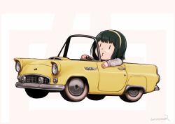  1girl artist_name car check_vehicle chibi ford ford_thunderbird green_hair hairband idolmaster idolmaster_(classic) kayatsu_urotoma mole mole_under_mouth motor_vehicle otonashi_kotori short_hair solo vehicle_request yellow_car yellow_hairband |_| 