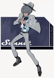  1boy absurdres aiming aiming_at_viewer beard blue_shirt commentary_request facial_hair full_body grey_hat grey_jacket grey_pants gun handgun hashi84e hat highres holding holding_gun holding_weapon jacket jigen_daisuke long_sleeves lupin_iii male_focus mature_male necktie pants shirt shoes short_hair smith_&amp;_wesson_model_19 solo weapon white_necktie 