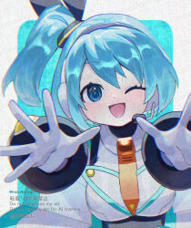  1girl blue_background blue_eyes blue_hair breasts commentary_request headset mega_man_(series) mega_man_x_(series) mega_man_x_dive one_eye_closed reaching reaching_towards_viewer rico_(mega_man) side_ponytail solo upper_body watermark yamanashi_taiki 