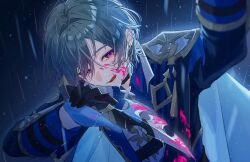  1boy aqua_hair armor bishounen black_gloves blood blue_shirt choker collared_shirt commentary dagger earrings genshin_impact gloves gold_trim hair_between_eyes hair_intakes highres holding holding_dagger holding_knife holding_weapon jewelry knife l3difxrux lohen_(genshin_impact) long_sleeves looking_at_viewer male_focus mole mole_under_eye multicolored_eyes open_mouth pink_blood pink_eyes rain shirt shoulder_armor single_earring smile solo untranslatable_commentary upper_body weapon 