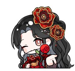  1girl artist_request bare_shoulders beads black_hair blush_stickers bright_pupils brooch brown_eyes chibi choker closed_mouth colored_inner_hair corset cropped_torso dress flower flower_brooch flower_in_mouth frilled_sleeves frills gown hair_beads hair_flower hair_ornament hand_on_own_hip happy infinity_nikki jewelry layered_sleeves long_dress long_hair long_sidelocks long_sleeves looking_at_viewer multicolored_hair nikki_(series) off-shoulder_dress off_shoulder offering_hand official_art one_eye_closed orange_corset petalfall_finale_(infinity_nikki) red_corset red_dress red_flower red_rose rose short_over_long_sleeves short_sleeves side_ponytail sidelocks smile solo sticker_(medium) tareme transparent_background two-tone_corset very_long_hair wavy_hair white_pupils 