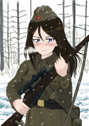 1girl absurdres belt belt_pouch blue_eyes breath brown_hair cold garrison_cap girls_und_panzer gun gun_sling hammer_and_sickle hat highres holding holding_weapon jacket japanese_text long_hair military military_hat military_jacket military_uniform monkey_ears monkey_girl nonna_(girls_und_panzer) porotto_yontouhei pouch rifle smile sniper_rifle snow snowing solo soviet soviet_army star_(symbol) tree upper_body weapon world_war_ii