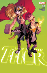  1boy 1girl armor black-framed_eyewear black_boots black_jacket black_leggings black_lips black_shorts blazer blonde_hair boots breastplate cape character_name comic_cover copyright_logo copyright_name cover cover_page english_text frown full_body green_background grey_armor grey_helmet hammer helmet highres holding holding_hammer holding_weapon jacket jane_foster kid_omega_(marvel) leggings logo long_hair looking_at_another looking_at_viewer looking_to_the_side marvel matt_wilson mjolnir_(marvel) muscular muscular_female official_art pink_hair red_cape russell_dauterman shirt short_hair shorts socks t-shirt thor_(jane_foster) thor_(marvel)_(series) tinted_eyewear unamused undercut v weapon western_comics_(style) white_socks winged_helmet x-men yellow-tinted_eyewear 