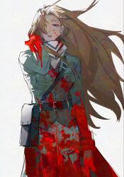  1girl bag belt blood blood_on_clothes blood_on_face blood_on_hand blue_eyes brown_hair coat commentary hair_over_one_eye highres limbus_company long_hair looking_at_viewer luan_(luans51129268) official_alternate_costume parted_lips project_moon rodion_(project_moon) shoulder_bag 