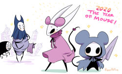  1other 2020 3girls animal_ears animal_hood bano_akira blush bow chinese_zodiac cloak commentary_request fake_animal_ears grey_cloak hairband herrah_(hollow_knight) hollow_eyes hollow_knight hood horned_mask mask midwife_(hollow_knight) mouse_ears mouse_hood multiple_girls neck_ribbon pink_bow pink_cloak pink_hairband pink_ribbon ribbon simple_background sweat tail tail_bow tail_ornament white_background white_mask year_of_the_rat 