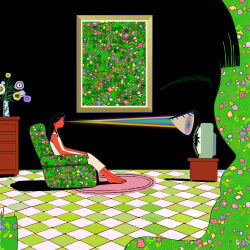 2girls absurdres armchair barefoot black_hair chair colored_skin commentary dress flower full_body highres long_hair multiple_girls original picture_frame pink_flower purple_flower red_skin ringed_eyes sitting television tile_floor tiles untranslatable_commentary vase white_dress yellow_flower yin_0909 