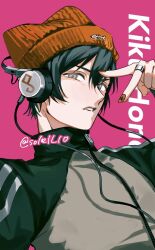  1boy axis_powers_hetalia beanie black_hair commentary_request grey_eyes hat headphones japan_(hetalia) jewelry looking_at_viewer male_focus pink_background red_nails ring shirt short_hair simple_background solell10 solo upper_body v 