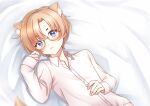  1boy blonde_hair blue_eyes collared_shirt glasses hand_on_own_stomach highres long_sleeves looking_at_viewer looking_up lying male_focus on_back original shino_(shino1028) shirt short_hair solo star_(symbol) star_in_eye symbol_in_eye white_background white_shirt 