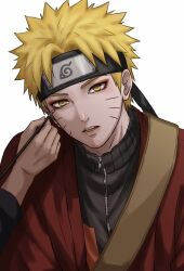  1boy cocorozashiii facial_mark flak_jacket forehead_protector highres horizontal_pupils jacket konohagakure_symbol male_focus naruto_(series) naruto_shippuuden ninja sennin_mode solo uzumaki_naruto whisker_markings 