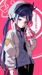  1girl absurdres blast-7 blue_archive blue_hair blue_necktie blue_vest bright_pupils character_name commentary_request doughnut food fubuki_(blue_archive) halo highres holding holding_donut holding_food jacket long_hair looking_at_viewer multicolored_hair necktie open_clothes open_jacket open_mouth red_eyes sidelocks solo streaked_hair twintails very_long_hair vest white_jacket white_pupils white_streaks 