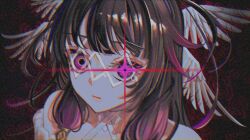  1girl absurdres bare_shoulders black_hair closed_mouth columbina_(genshin_impact) commentary_request eye_mask genshin_impact hair_ornament head_wings highres long_hair looking_at_viewer mask multicolored_hair multiple_wings penngazuki portrait purple_hair purple_streaks solo stitched streaked_hair two-tone_hair violet_eyes white_wings wing_hair_ornament wings 