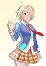  1girl absurdres blazer commentary_request hair_ornament hair_over_one_eye hairpin heaven_burns_red highres jacket kayamori_ruka kosyou21057 looking_at_viewer necktie one_eye_covered open_mouth red_necktie shirt white_shirt 