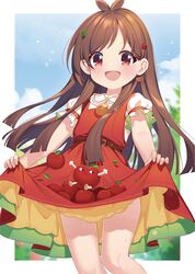  1girl antenna_hair apple apple_hair_ornament blue_sky blunt_ends blurry blurry_background blush brown_hair dress eskimofox feet_out_of_frame food food-themed_hair_ornament fruit hair_ornament highres idolmaster idolmaster_cinderella_girls looking_at_viewer outdoors puffy_short_sleeves puffy_sleeves red_dress red_eyes ringorou_(idolmaster) short_sleeves skirt_basket skirt_hold sky smile solo tsujino_akari 