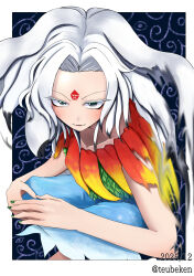  1girl absurdres border collarbone colored_tips commentary dated dress facial_mark feather_capelet feathers floral_background forehead_mark forehead_tattoo fringe-trimmed_capelet from_above full_body furrowed_brow gradient_feathers green_leaf highres houjuu_chimi leaf_clothing leaf_shirt light_smile long_hair looking_at_viewer looking_up mamama-kamisama multicolored_hair open_mouth red_eyes red_feathers red_leaf red_nails shirt signature sitting skirt sleeveless smile solo tattoo touhou two-tone_capelet white_border white_hair yellow_feathers 