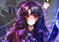  1girl absurdres black_hair black_shirt blood blood_from_eyes chromatic_aberration closed_mouth coat collared_shirt commentary_request expressionless furidrawing glitch glowing glowing_eyes highres jacket korean_commentary limbus_company long_hair multicolored_hair multiple_views necktie parted_bangs pinky_(identity)_(project_moon) project_moon purple_jacket purple_necktie purple_streaks red_eyes ryoshu_(project_moon) shirt sidelocks straight-on streaked_hair very_long_hair 