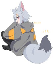  1girl ahoge animal_ear_fluff animal_ear_hood animal_ears black_pantyhose commentary copyright_notice extra_ears fox_ears fox_girl fox_tail from_behind full_body grey_hair grey_hoodie highres hood hood_down hoodie indian_style looking_at_viewer looking_back minowa_sukyaru miwa_kitsune-chan open_mouth original pantyhose red_eyes short_hair sidelocks simple_background sitting sleeves_past_fingers sleeves_past_wrists smile solo tail twitter_username untranslatable_commentary white_background 