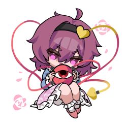  1girl black_hairband blue_shirt chibi chibi_only collared_shirt commentary_request disembodied_linked_eye eyeball floral_background floral_print frilled_shirt_collar frilled_sleeves frills hair_between_eyes hair_ornament hairband heart heart_hair_ornament highres komeiji_satori long_sleeves looking_at_viewer nyumuji_ppp open_mouth pink_eyes pink_hair pink_skirt print_skirt ribbon-trimmed_collar ribbon_trim rose_print shirt simple_background skirt solo touhou white_background wide_sleeves 