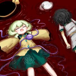  2girls black_hat blood bow buttons closed_eyes collared_shirt commentary_request diamond_button disembodied_linked_eye eyeball floral_print frilled_shirt_collar frilled_sleeves frills green_hair green_sailor_collar green_skirt hat hat_bow heripantomorrow komeiji_koishi long_sleeves lying missing_headwear multiple_girls murasa_minamitsu on_back on_stomach open_mouth outstretched_arms pool_of_blood print_skirt rose_print sailor_collar sailor_hat shirt short_sleeves skirt smile spread_arms touhou unworn_headwear white_hat white_shirt wide_sleeves yellow_bow yellow_shirt 