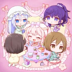  1other 25-ji_nightcord_de._(project_sekai) 4girls :d ^_^ akiyama_mizuki asahina_mafuyu blue_eyes blue_hair blush bottle brown_eyes brown_hair cake cellphone chibi chibi_only closed_eyes closed_mouth commentary cup double-parted_bangs flower food green_jacket hair_between_eyes hair_ornament hairband hairclip highres holding holding_bottle holding_cup holding_phone jacket long_hair long_sleeves meiko_(vocaloid) multiple_girls open_clothes open_jacket open_mouth oyasumirakko parallel_hairclips pencil phone pink_hair plate ponytail project_sekai purple_background purple_hair shinonome_ena short_hair sidelocks sitting smartphone smile sweater table tablecloth taking_picture untranslatable_commentary vase violet_eyes vocaloid white_hairband yellow_sweater yoisaki_kanade 